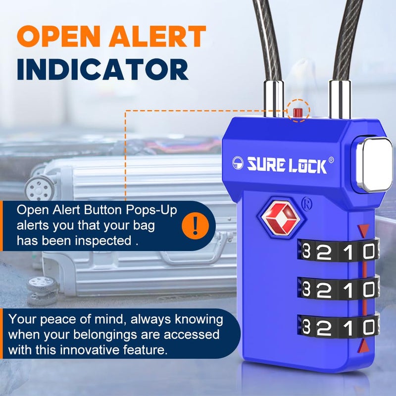 SURE LOCK TSA Approved Cable Luggage Lock â€“ TSA Locks for Luggage with Visual Inspection Indicator, Resettable 3-Digit Combination, Zinc Alloy Body for Suitcases, Backpacks, Gym Lockers(Blue 2 Pack) - Image 5
